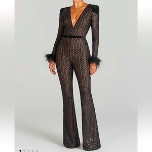 Nadine Merabi Rachel Black Jumpsuit Size 4 Small Sequins velvet feathers deep v